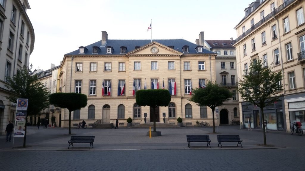 Hôtel de ville français, drapeaux tricolores, place calme, fin d’après-midi.