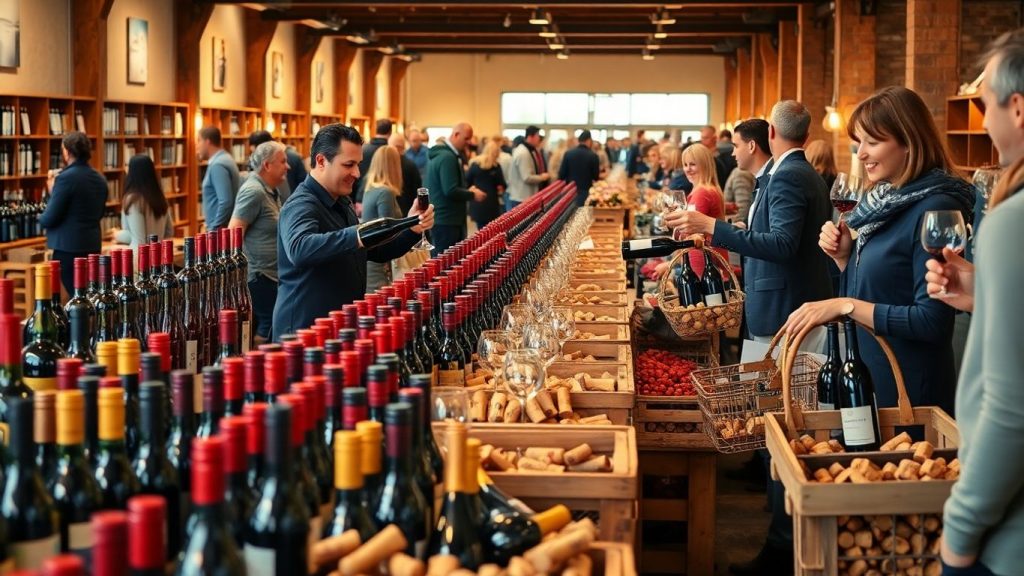 Foule dans foire aux vins, bouteilles alignées, sommelier servant dégustation.