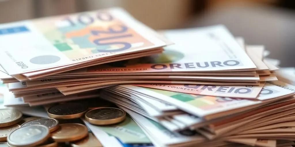 Pile de billets en euros et pièces de monnaie.