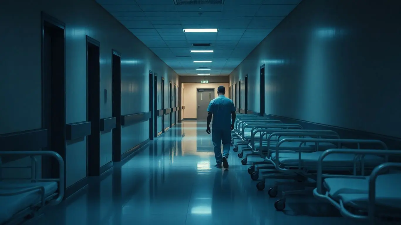 Un couloir d'hôpital faiblement éclairé avec une silhouette épuisée.