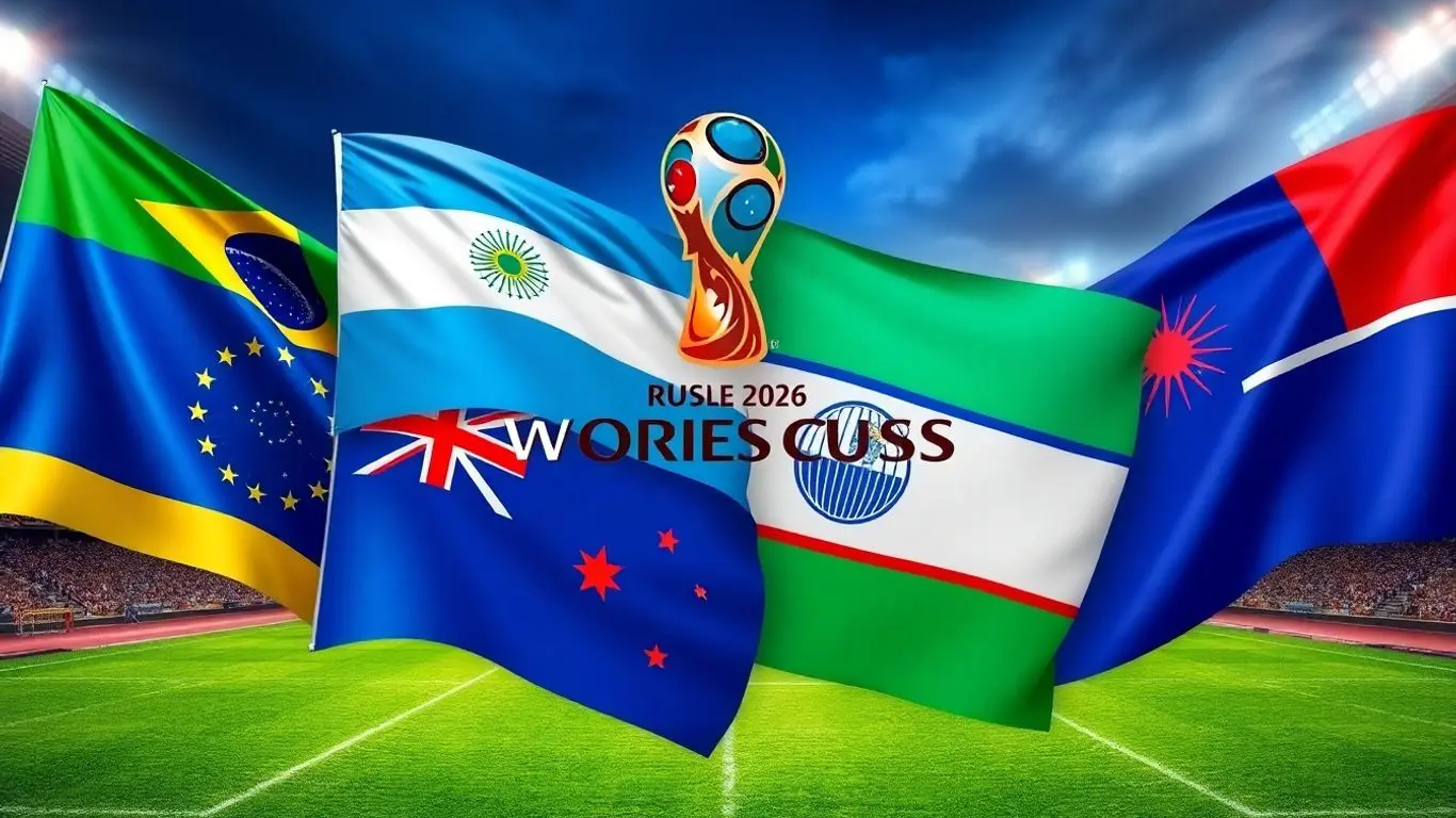 Drapeaux du Brésil, Argentine, Australie et Ouzbékistan pour la Coupe du Monde 2026.