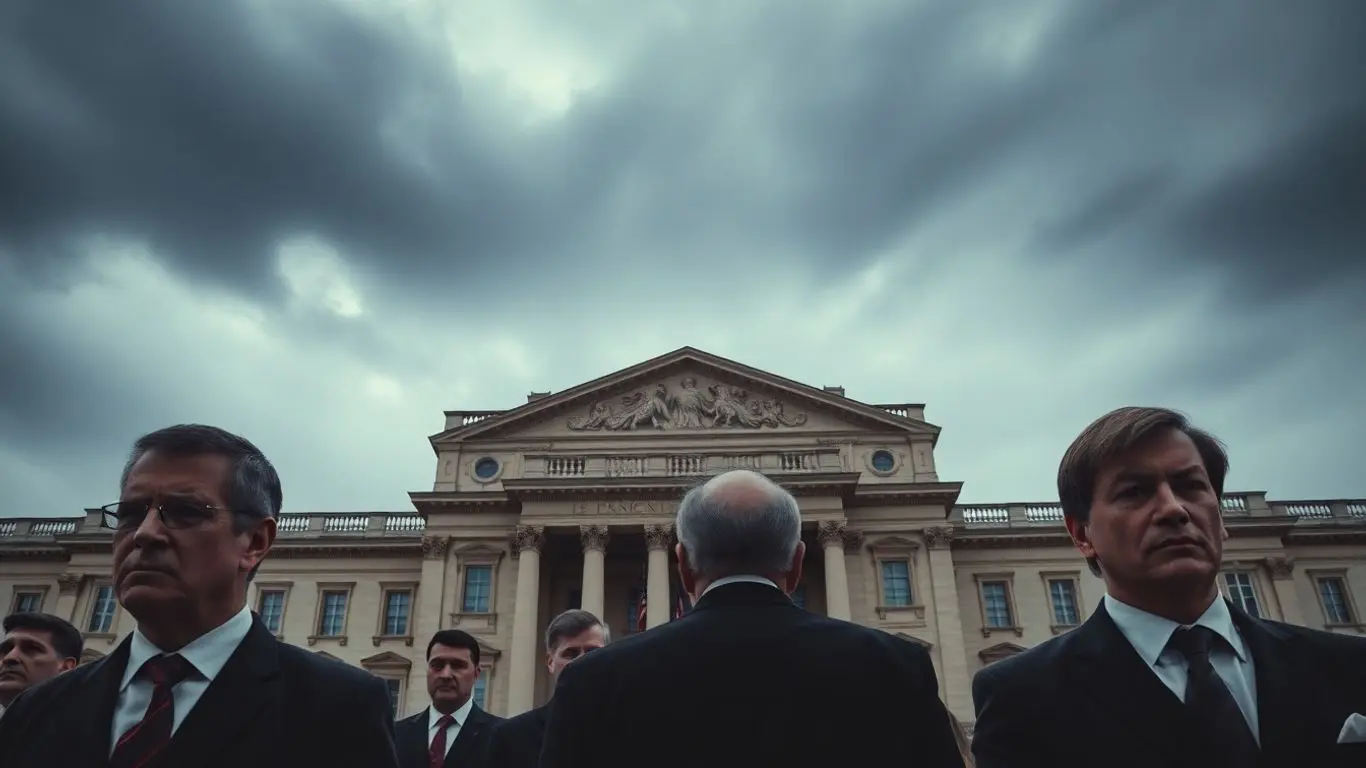 Gouvernement français en crise, bâtiment officiel sous ciel menaçant.