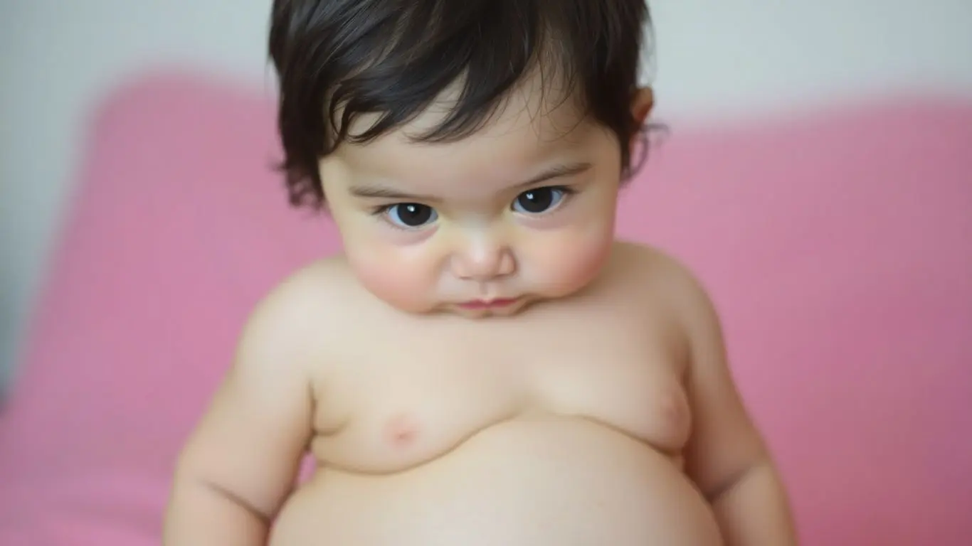 Enfant obèse avec un visage potelé et un ventre arrondi.