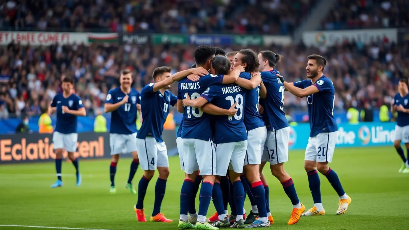 Joueurs français célébrant une victoire sur le terrain.
