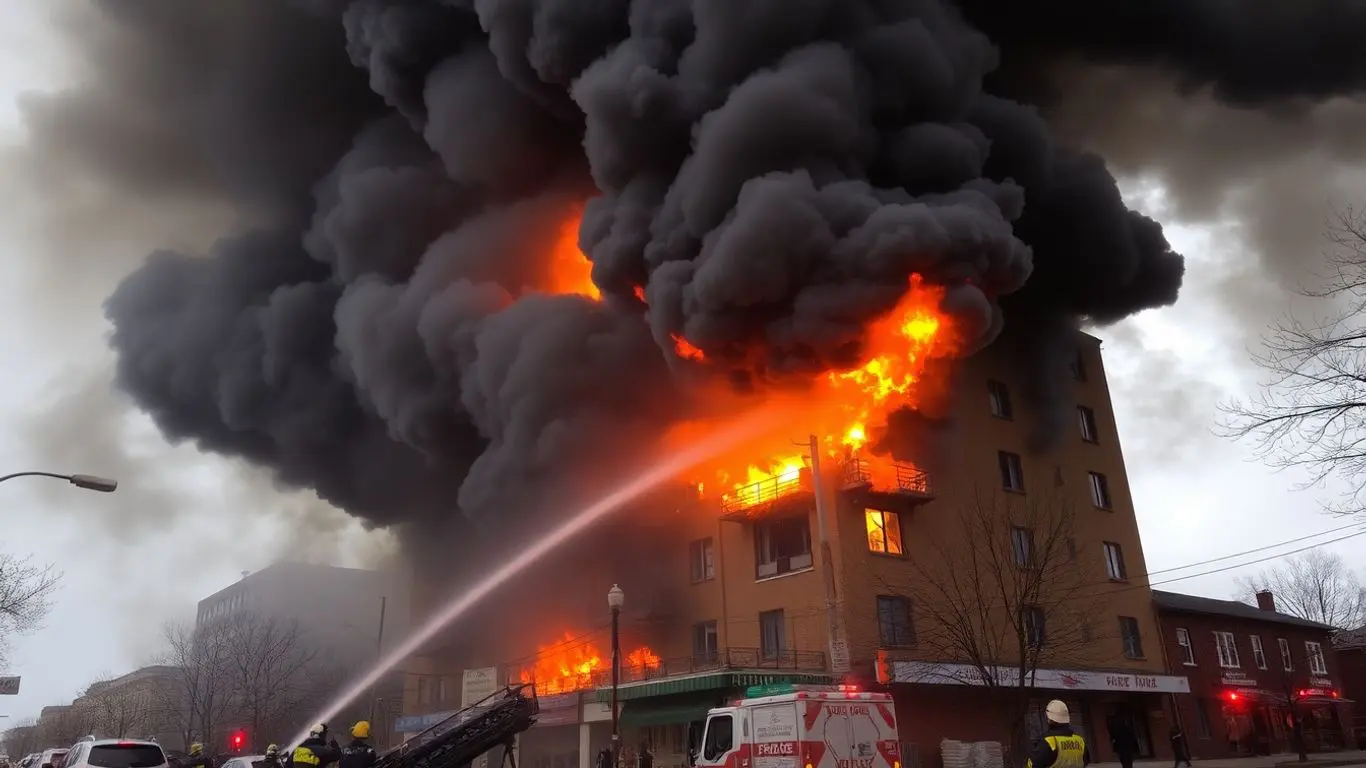 Immeuble en feu à Nancy, fumée et flammes.