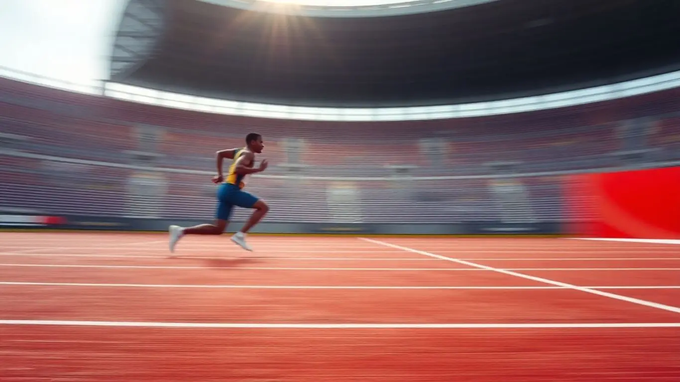 Athlète en pleine course sur une piste d'athlétisme.