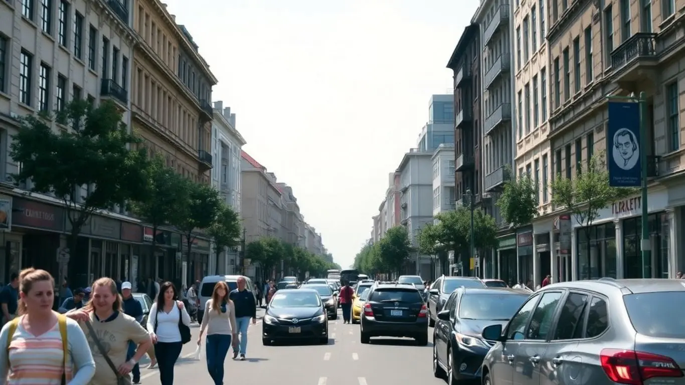 Rue animée avec des gens et des voitures.