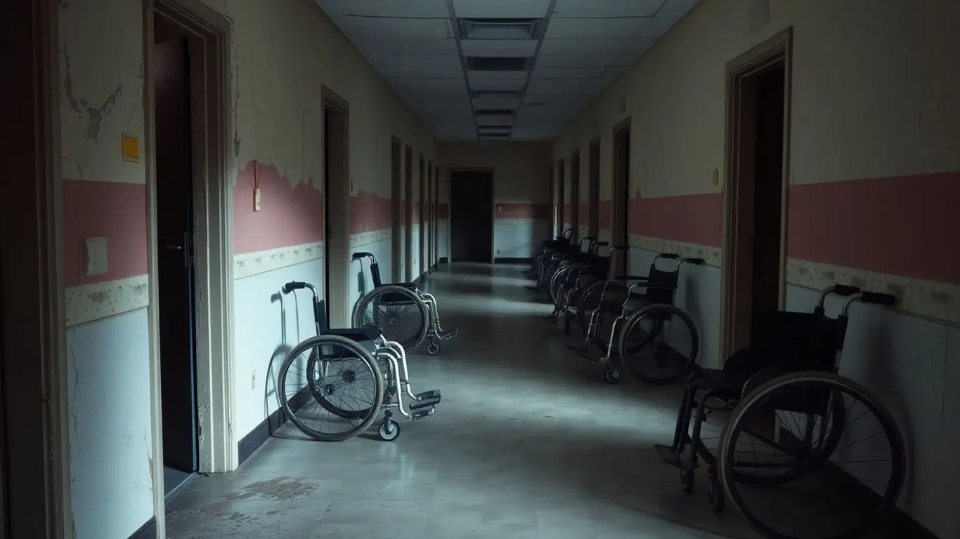 Couloir d'Ehpad délabré avec fauteuils roulants vides.