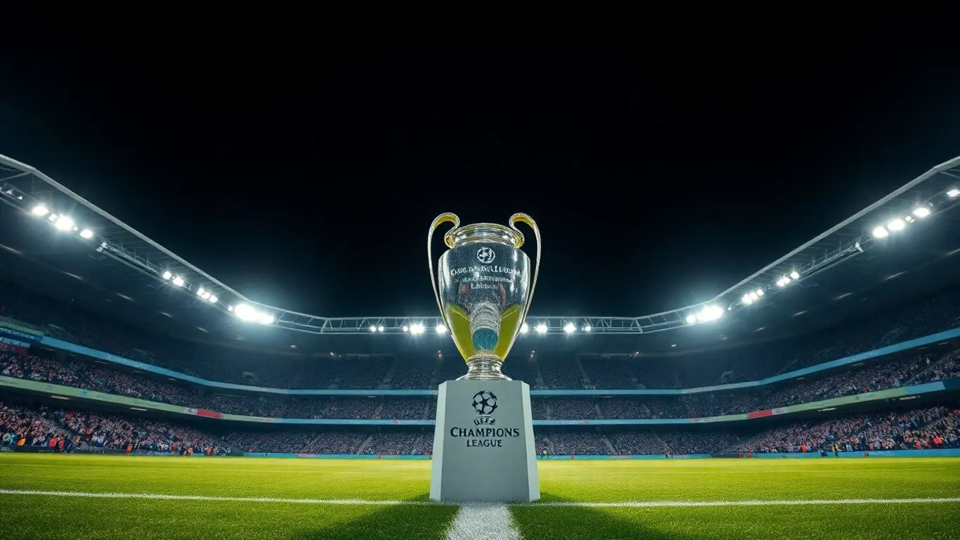 Trophée de la Ligue des champions sur un terrain de football.