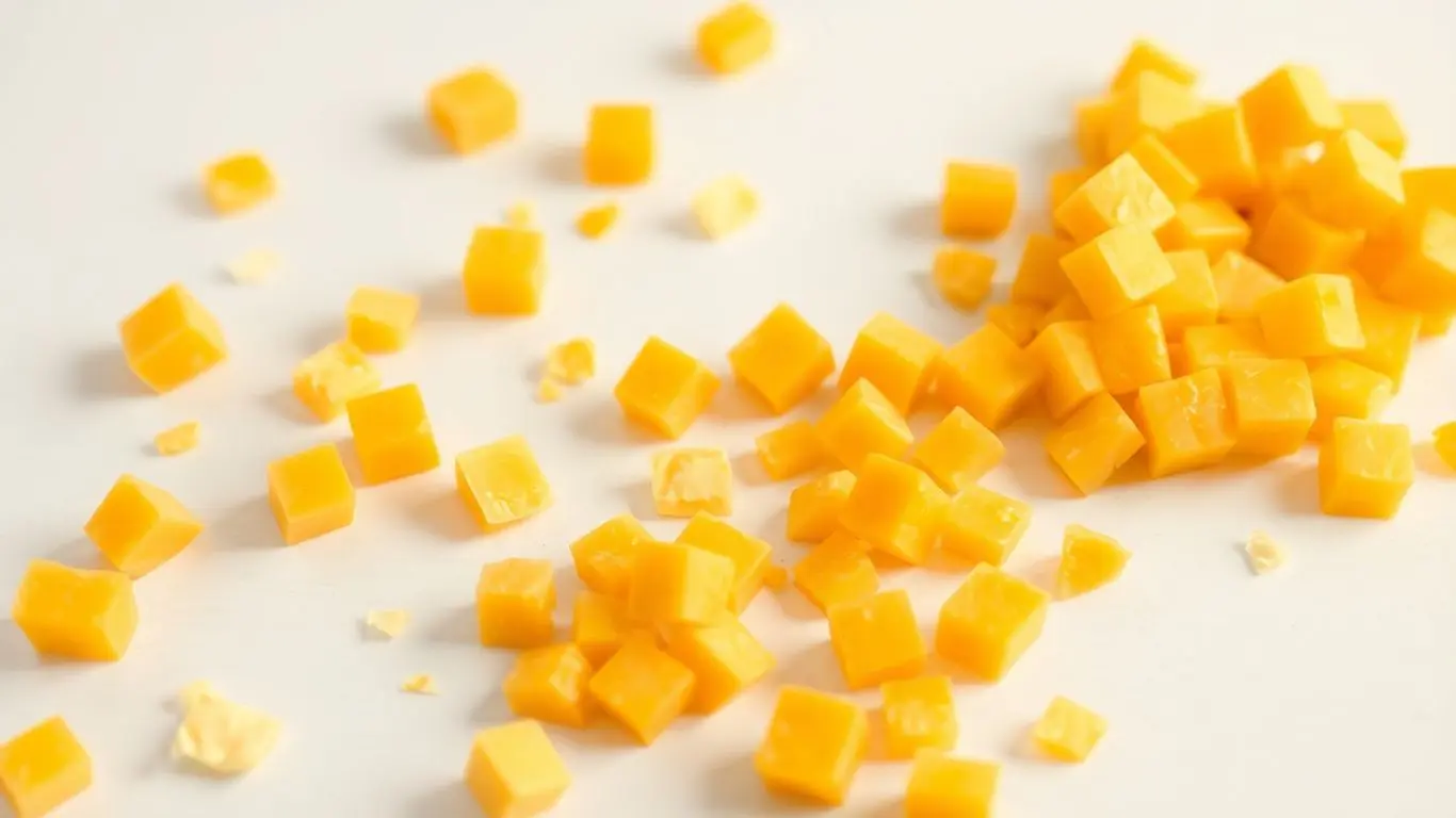 Dés de cheddar éparpillés sur une surface propre.