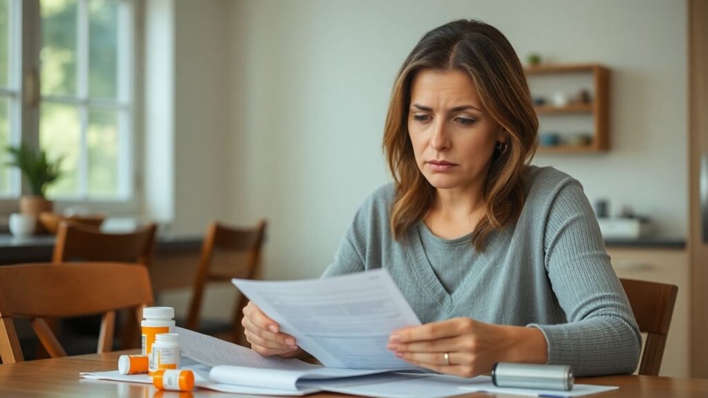 Femme inquiète avec factures médicales à la maison