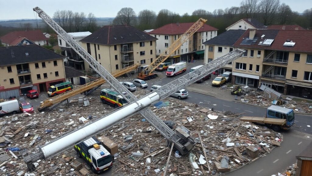 Grues tombées après une tornade à Ermont, Val-d'Oise.
