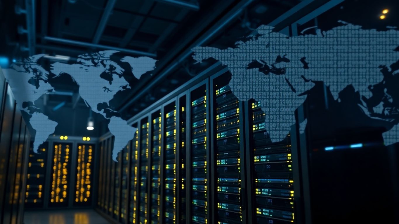 Salle de serveurs AWS moderne avec lumières bleues actives