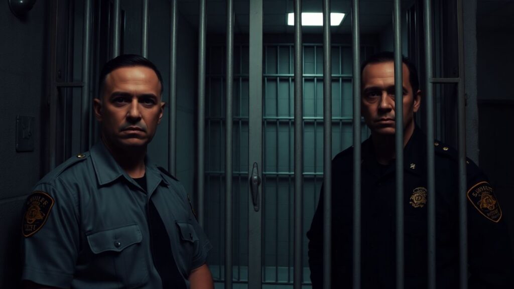 Deux officiers surveillent une cellule de prison.