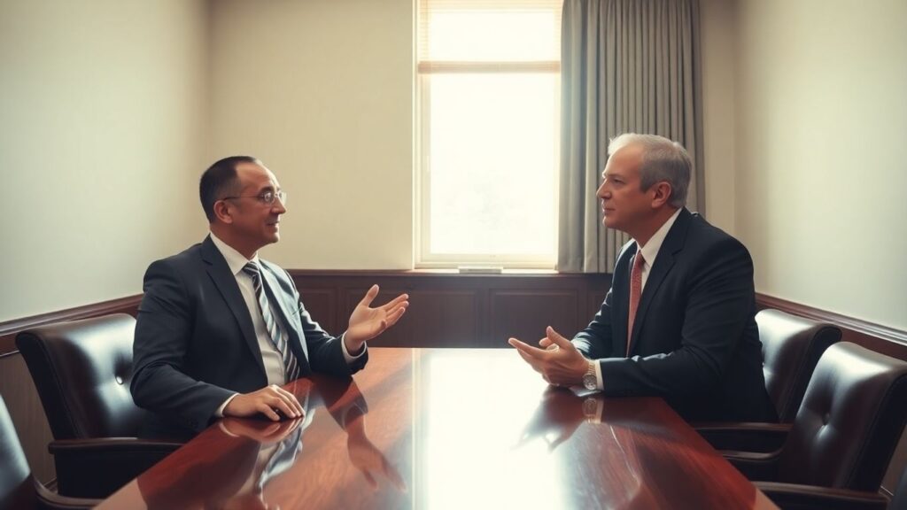 Sébastien Lecornu discute avec un représentant de l'Unédic.