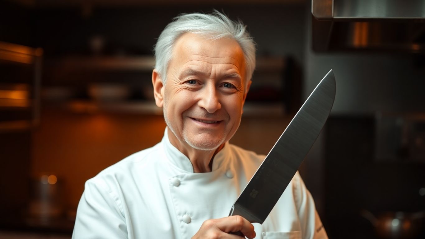 Bernard Pacaud, chef étoilé, tenant un couteau de cuisine.
