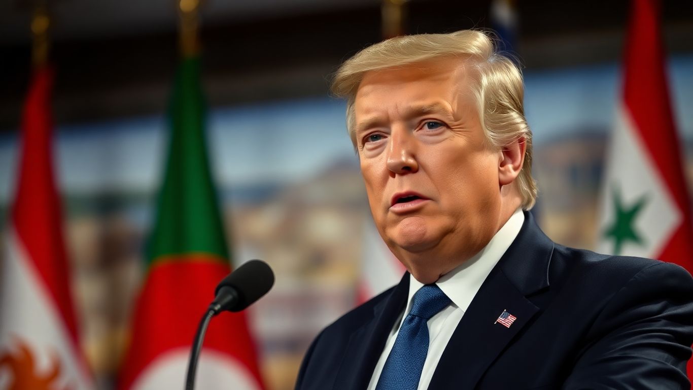 Donald Trump parle devant des drapeaux internationaux.