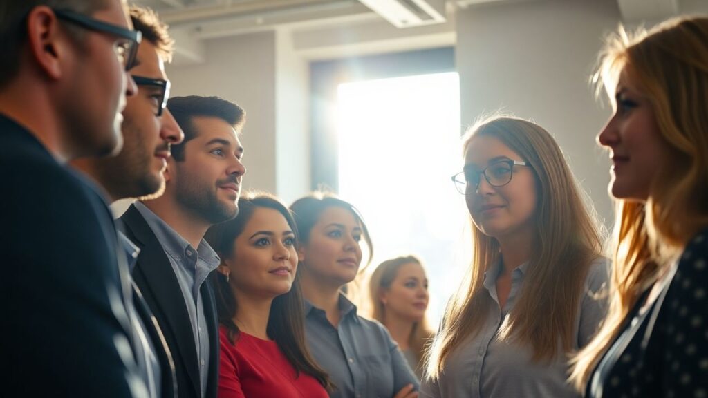 Salariés dans un bureau, ambiance professionnelle et lumineuse.
