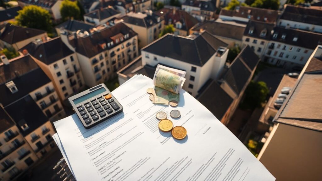 Vue aérienne d'immeubles résidentiels français et argent euro