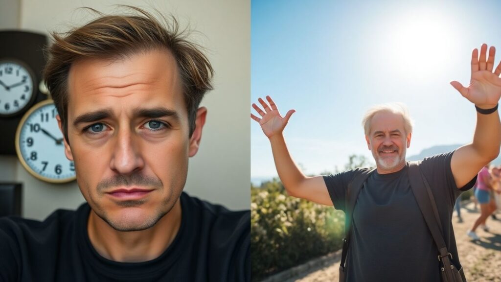 Personne fatiguée d'un côté, personne active et ensoleillée de l'autre.