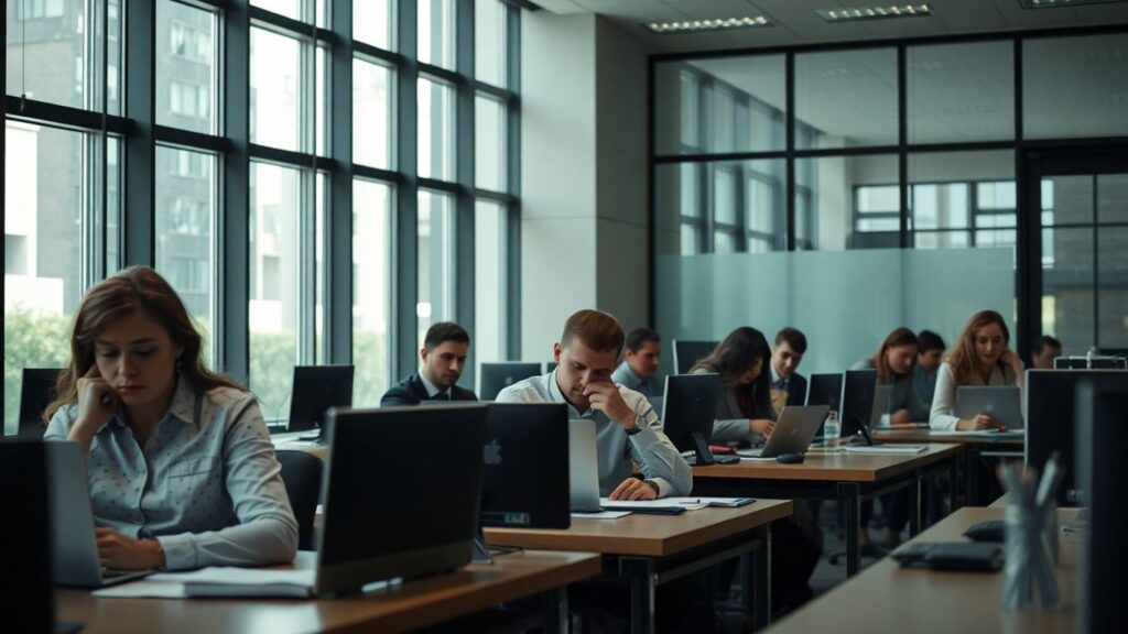 Agents territoriaux fatigués au bureau, ambiance morose.