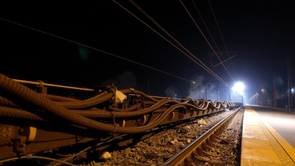 Câbles détruits sur une ligne de train à grande vitesse la nuit.