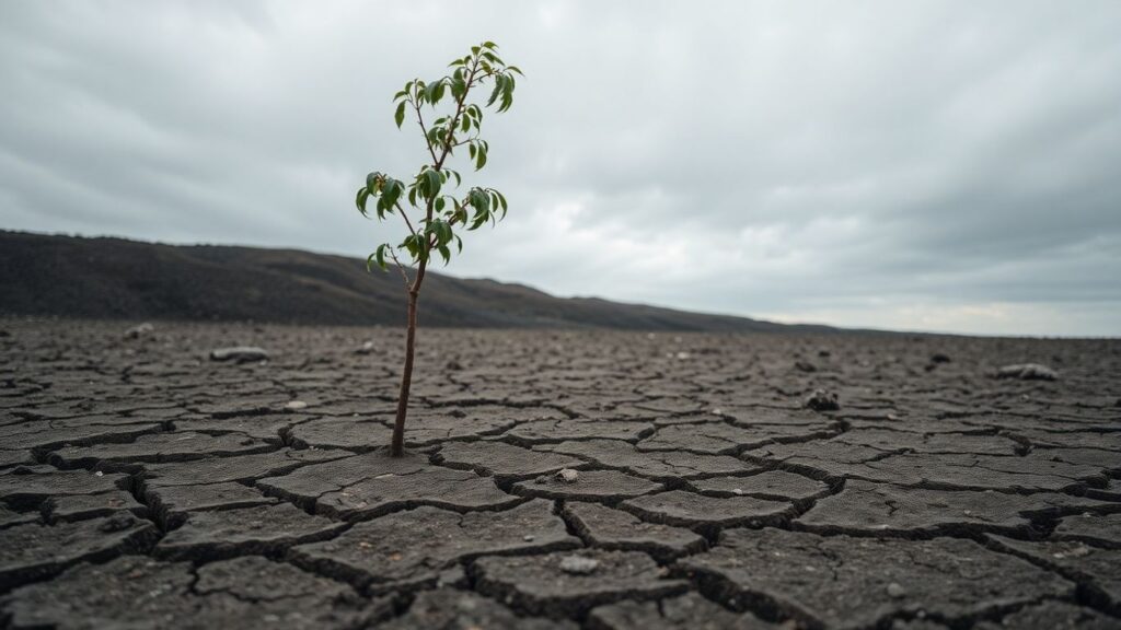 Terre craquelée sous un ciel gris, un jeune arbre mourant.
