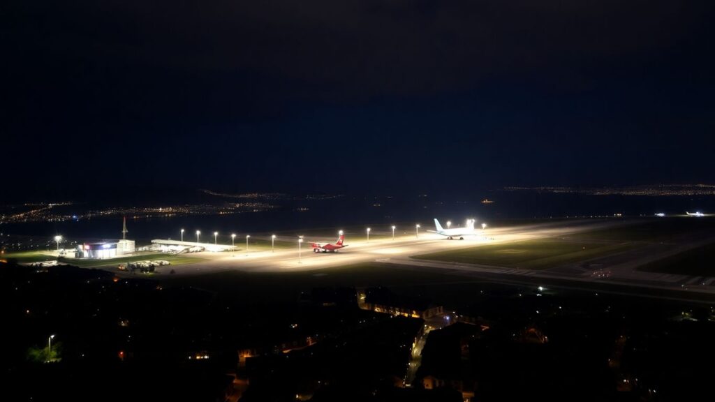 Aéroport Marseille-Provence la nuit avec des avions.