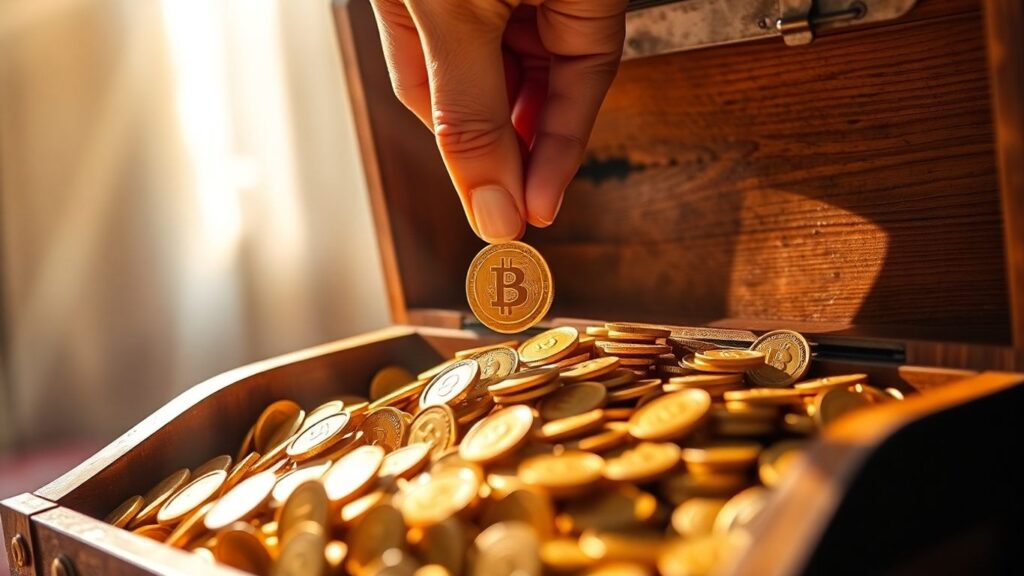 Main qui met une pièce d'or dans un coffre.