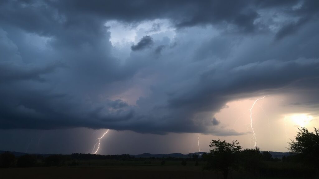 Nuages d'orage et éclairs sur une campagne française.