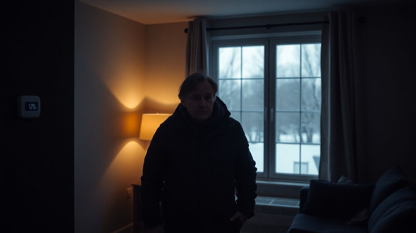 Personne grelottant à la maison à cause des factures de chauffage.