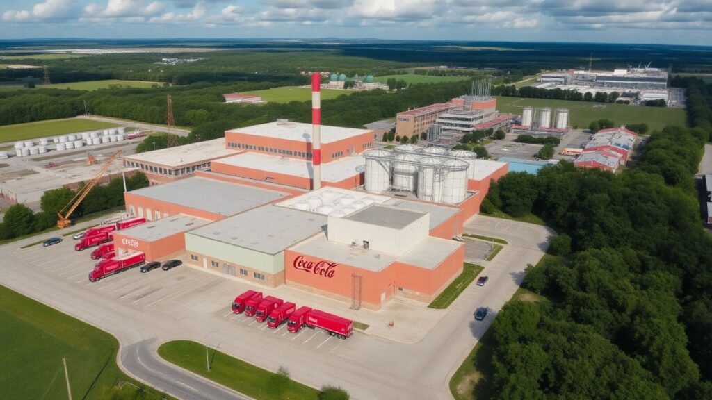 Usine Coca-Cola à Dunkerque avec camions rouges et bâtiments industriels