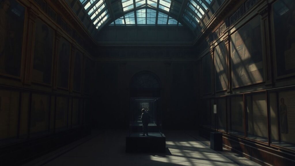 Le Louvre cambriolé : vitrines vides, ambiance sombre.