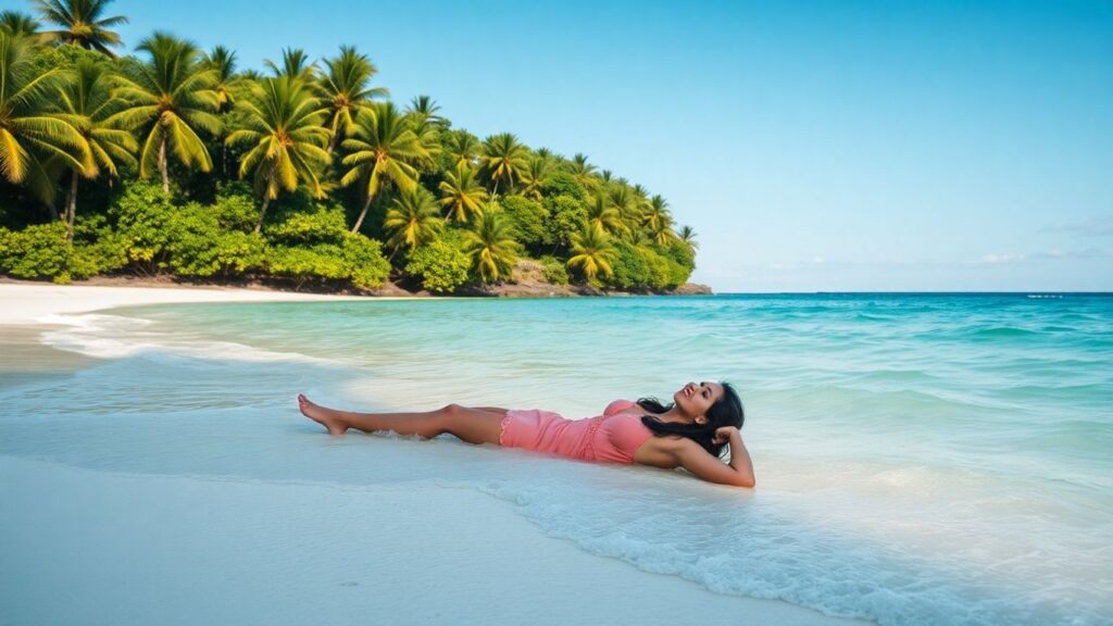 Touriste abandonnée sur une île tropicale déserte.