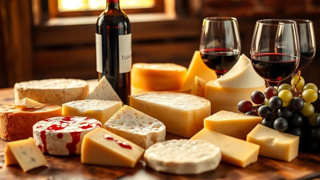 Fromage et vin sur une table en bois.