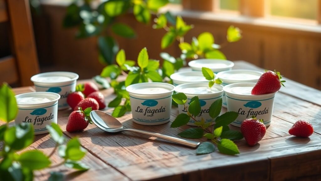 Pots de yaourt La Fageda sur une table en bois