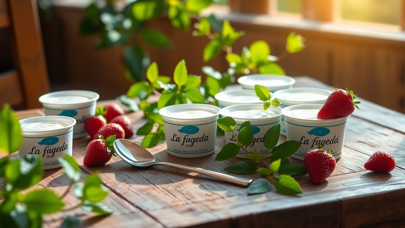 Pots de yaourt La Fageda sur une table en bois