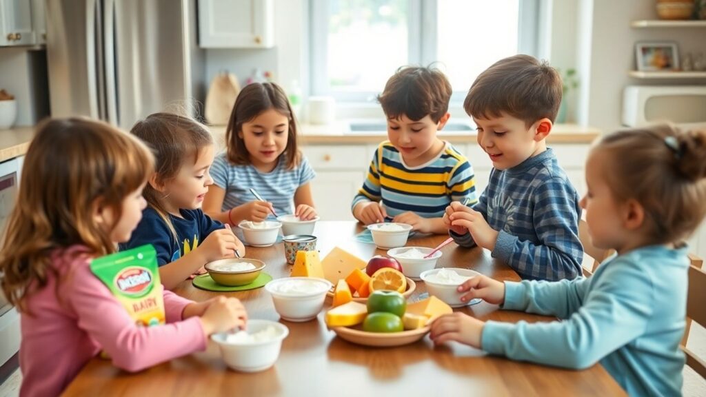 Enfants mangeant des produits laitiers à une table familiale.