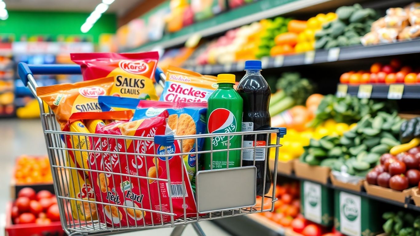 Un chariot rempli d’aliments ultratransformés au supermarché.