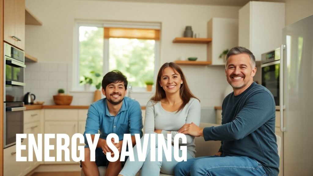 Famille heureuse dans une cuisine moderne avec des appareils électriques.