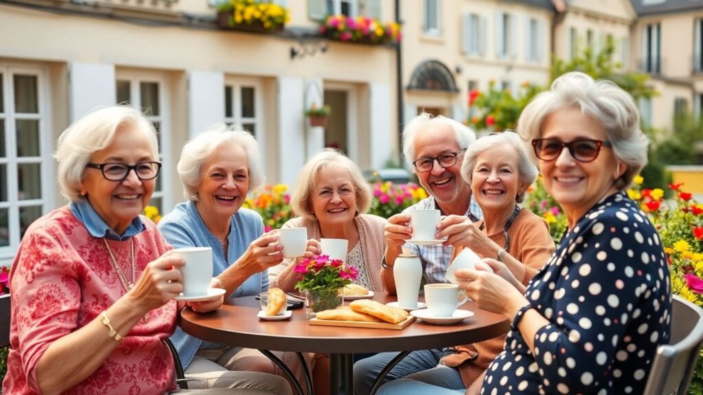 Retraités français heureux profitant d'une terrasse ensoleillée