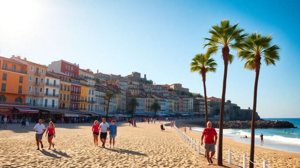 Familles sur une plage ensoleillée en automne en France