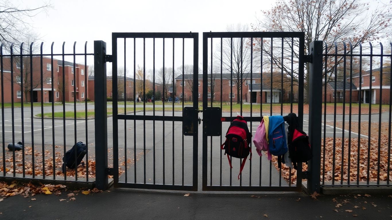 École vide avec portail fermé et cartables laissés dehors
