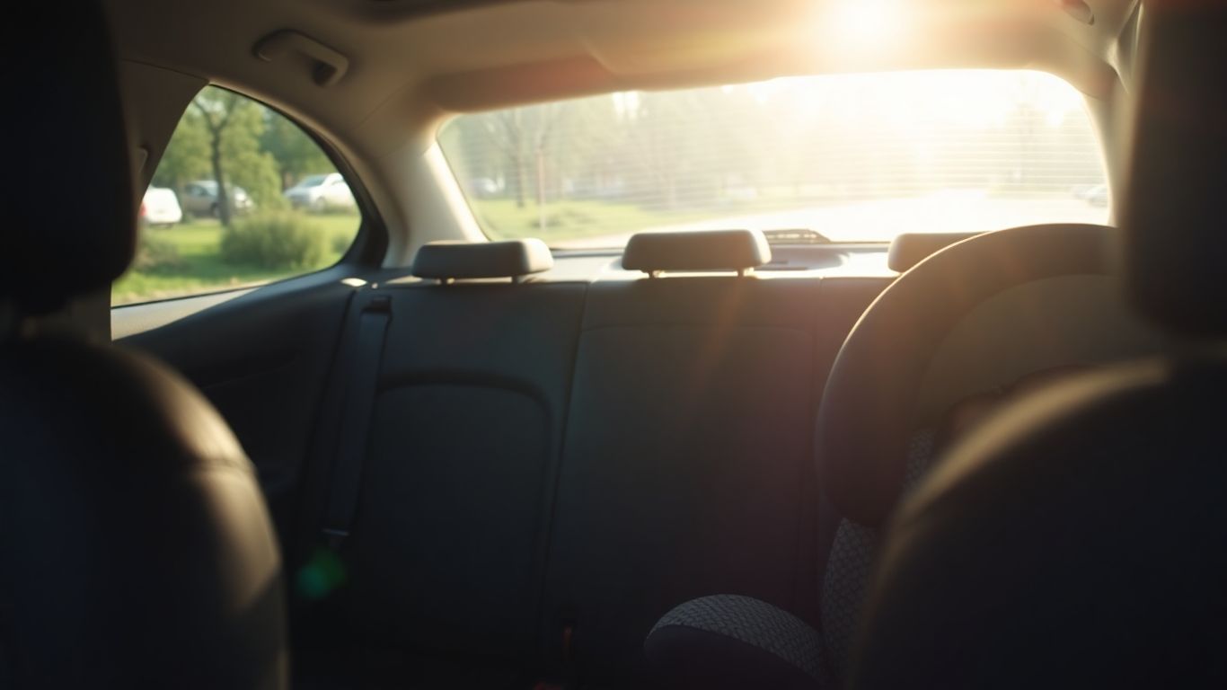 Siège auto vide dans une voiture ensoleillée.