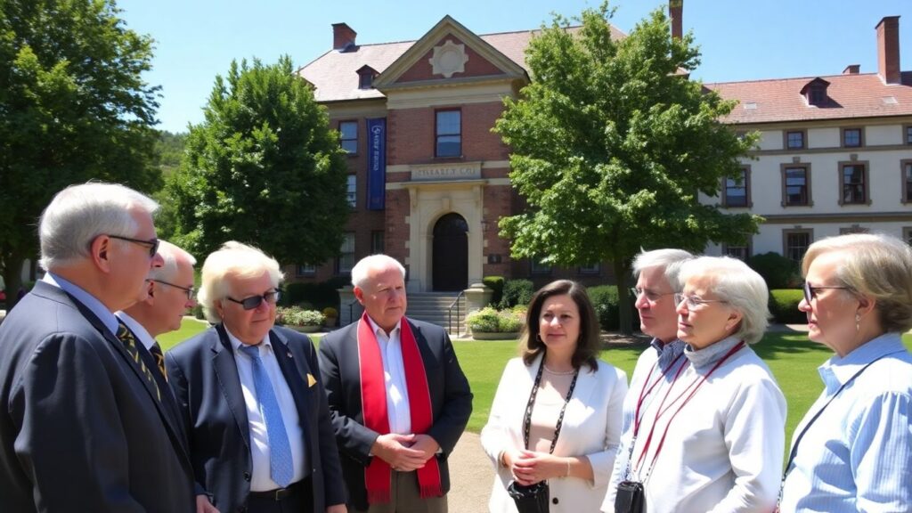 Des maires discutent devant la mairie dans un cadre verdoyant.