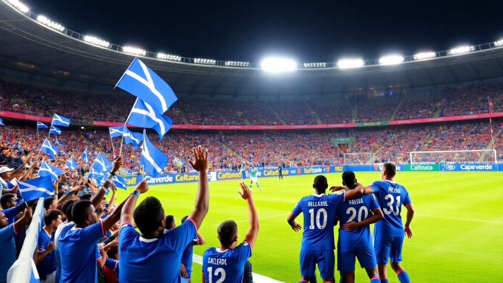 Joueurs capverdiens célèbrent un but lors d’un match