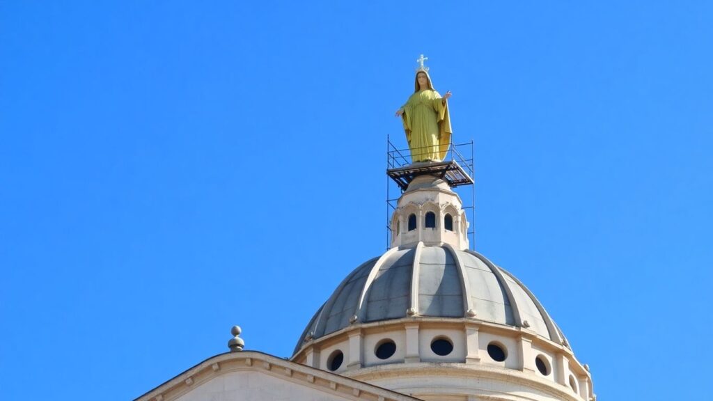 Notre-Dame de la Garde avec échafaudages et statue dorée.