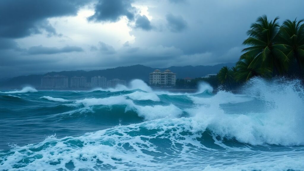 Vagues puissantes frappant la côte philippine lors d’un séisme.