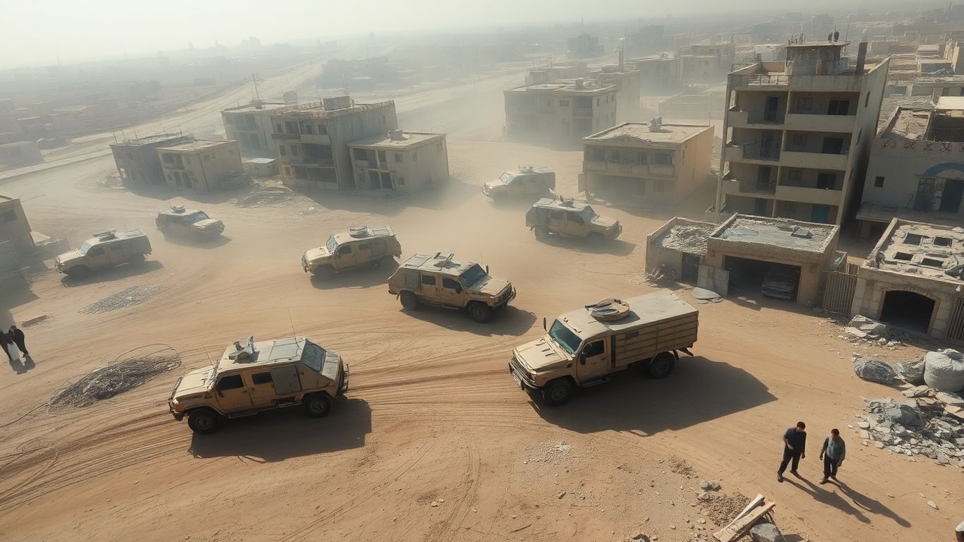 Véhicules militaires israéliens se retirant de Gaza, bâtiments endommagés.