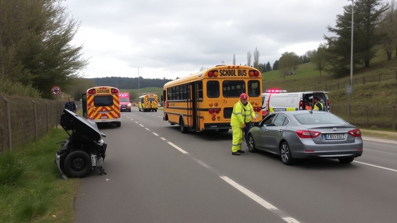 Bus scolaire accidenté et voiture avec secours sur route en Isère
